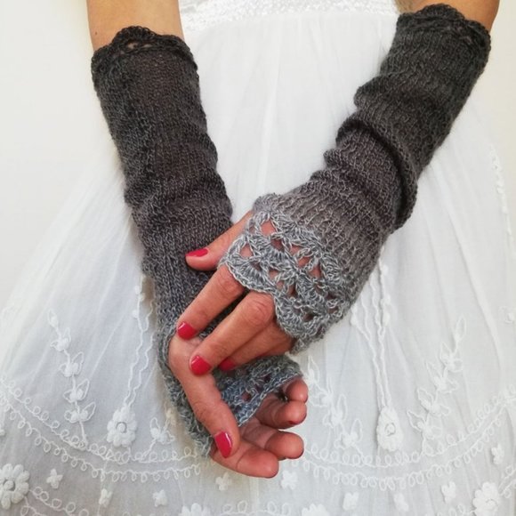 Midnight Shadows Handmade Knit Fingerless Long Gloves Ombre Grey to Black - Picture 2 of 7